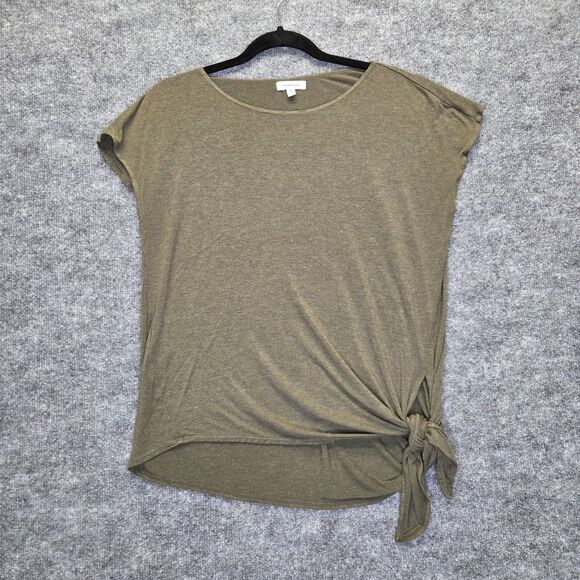Max Studio Shirt Womens Medium Olive Short Sleeve Asymmetrical Tie Hem Tunic - Picture 1 of 8